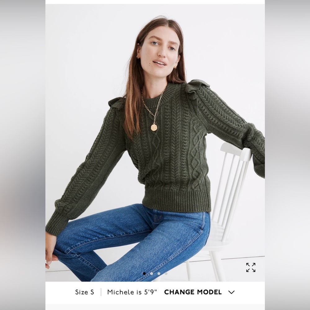 Madewell XS Hollydene Green Heather Thyme Shoulder Ruffle Sweater